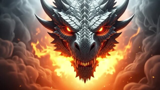 A formidable dragon head emerges from fiery smoke, its glowing eyes and sharp teeth conveying power and destruction in a fantasy realm
