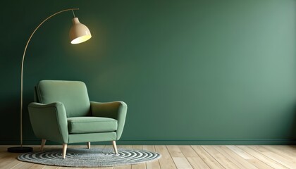 Contemporary living room features plush green armchair against dark green wall. Minimalist arc floor lamp provides warm lighting over circular rug on light wooden floor. Stylish interior design