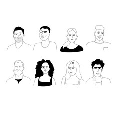 Avatar Set of 8 People – Hand Drawn Diverse Profiles in Ligne Claire Style, Black and White Vector