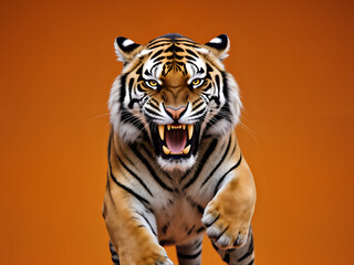Fototapeta premium A powerful, dynamic shot of a Bengal tiger mid-roar
