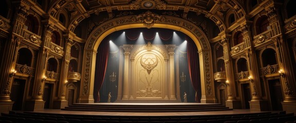 Extravagant Golden Stage  A Baroque Inspired Theater Scene, Overflowing with Detail and Dramatic Flair