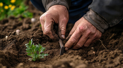 Greek farmer digging holes in rich soil for planting flowers during springtime preparations in the countryside
