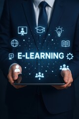 Professional Man Holding Tablet with E-Learning Icons and Symbols for Online Education