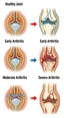 Four stages of arthritis progression depicted through detailed anatomical illustrations of a human knee joint.