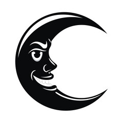 Black crescent moon with a smiling face night celestial