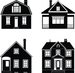 House silhouettes, black house icons, residential homes, classic house shapes, real estate symbols, building outlines, home design, property vector art