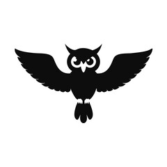 Black owl silhouette with wings spread bird flying