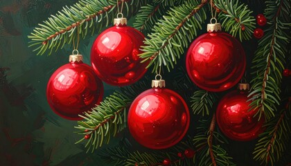 Festive Christmas Tree with Red Ornaments on Dark Green Background Bright Lighting and Holiday Cheer with Round Baubles
