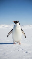 Obraz premium A single, majestic penguin stands on a pristine expanse of snow, showcasing its elegant form against a vibrant blue sky.