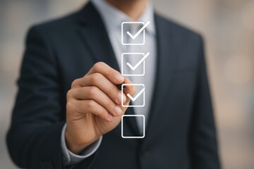 Business Professional Completing Checklist with Check Marks Against Blurred Background Outdoors