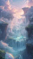 Fantasy Waterfall Landscape – Dreamy Sky, Floating Cliffs and Magical Rainbow