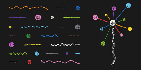 Set of Design Elements Hand-drawn Colored Abstract Collage of Lines and Circles Isolated on Dark Backdrop. Style of Children's Drawing.