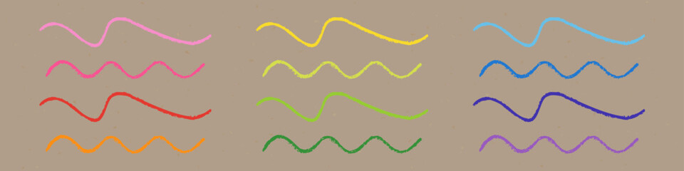 Realistic Chalk Drawn Sketch. Set of Design Elements Rainbow Wavy Lines Isolated on Craft Paper.