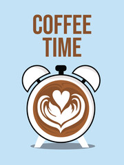 An illustration of an alarm clock face filled with coffee art in the shape of a heart and the text 