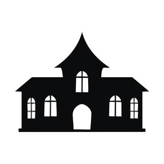 Black silhouette of a haunted house with arched doorway and windows Keywords: haunted house