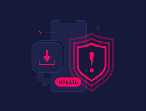 Mobile app security update with warning shield icon and app download button highlighting patch installation to fix vulnerabilities, protect users and block dangerous applications vector illustration