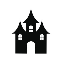 Black silhouette of a haunted house with pointed roofs Keywords: haunted house, silhouette