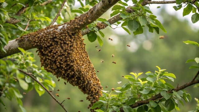 Swarm of Bees on a Tree: A bustling swarm of honeybees clings to a tree branch, a testament to nature's industrious harmony. Capture the essence of the wild bees, busy creating their home.