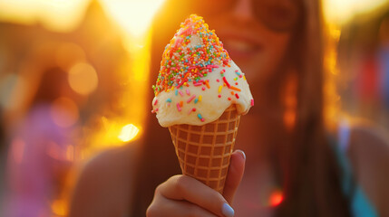 Woman holding ice cream cone with sprinkles at sunset