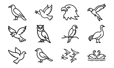 Set of bird line icons including dove, eagle, owl, parrot, peacock, and flying birds isolated on white background