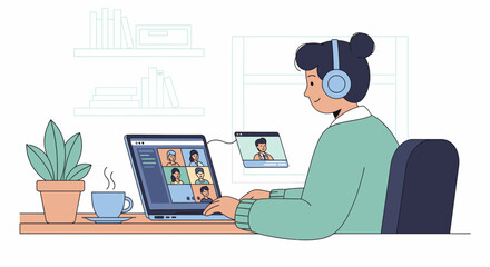 Woman participates in a virtual meeting, using a laptop and headphones from her home office.