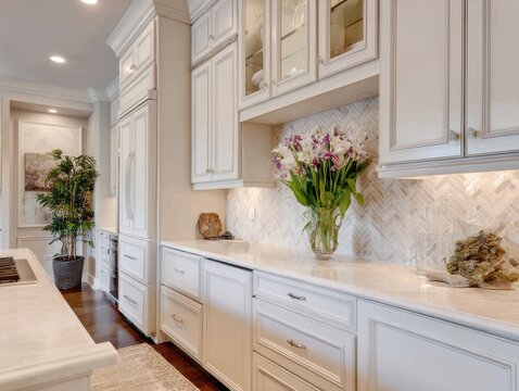 A light beige kitchen with modern cabinetry and herringbone backsplash.