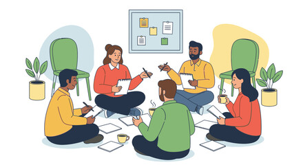 Diverse group of people seated in a circle, engaged in a collaborative discussion, surrounded by papers and documents.