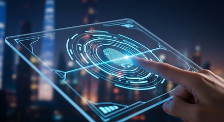 A hand interacts with a futuristic interface, displaying a biometric fingerprint scan in a dynamic urban setting.