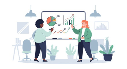 Two colleagues collaborating on a whiteboard with business graphs and charts.