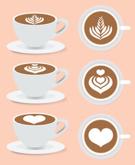 Obraz premium Three pairs of coffee cups with latte art, each pair showing a side and top view, against a light pink background.
