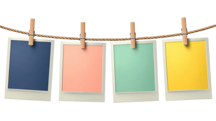 Four Instant Photo Frames Hanging on Rope isolated on transparent background Remove png, 