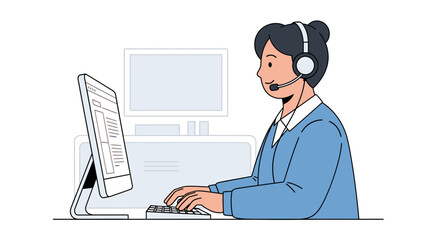 Customer service representative working at a computer with a headset, providing support and assistance