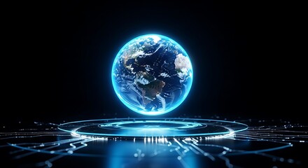 A glowing, holographic representation of Earth, set upon a futuristic, technological platform, highlighting digital connectivity and global perspectives.