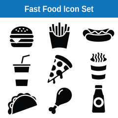 Black and White Vector Illustration of Fast Food Icons Set