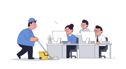 Obraz premium A cleaner mops the floor in a modern office while tired employees work diligently at their desks, illustrating different workplace roles