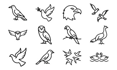 Set of bird line icons including dove, eagle, owl, parrot, peacock, and flying birds isolated on white background