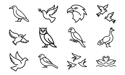 Set of bird line icons including dove, eagle, owl, parrot, peacock, and flying birds isolated on white background
