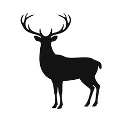 Black Silhouette of a Standing Deer with Antlers on White Background