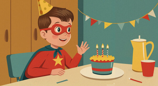 Boy wearing superhero costume at birthday party with cake  