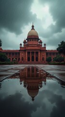 Sansad Bhavan during heavy monsoon rainfall. Atmospheric Indian parliament under pouring monsoon rain.