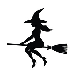 Black Silhouette of a Witch Flying on a Broomstick
