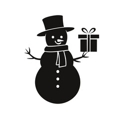 Black silhouette snowman with top hat scarf and gift