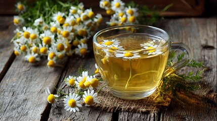 Herbal chamomile tea in a glass cup on a wooden table