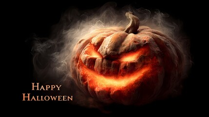 Die Schrift Happy Halloween und ein gruselig, lachender K&uuml;rbis.