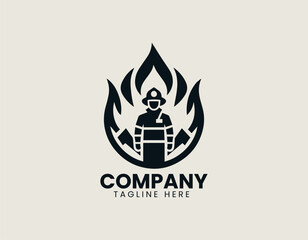 logo shows firefighter standing inside flame shape with strong rescue concept