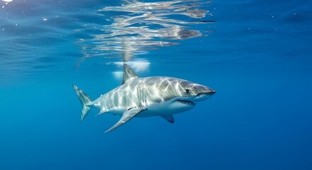 Fototapeta premium A large, powerful great white shark swims in deep, clear ocean water.