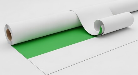 Rolled white paper with a vibrant green band, highlighting a printing roll's unfurling.