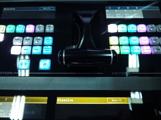 Top view of video switcher in television and broadcast system.	