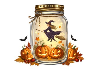 Enchanting Witch in Jar with Pumpkins and Autumn Leaves for Halloween