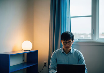 young asian man working remotely on laptop in dimly lit room with glowing lamp. home office setup against window. remote work and modern lifestyle, freelance, small business, online education